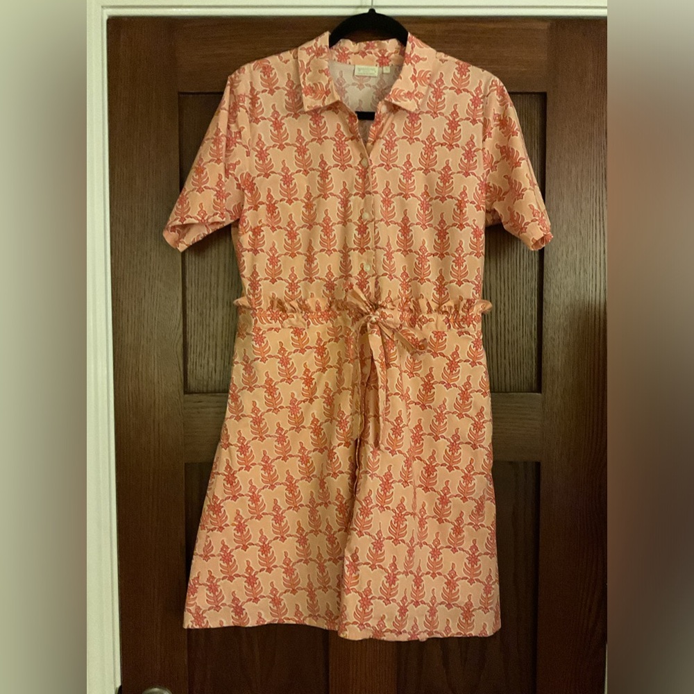 Spartina 449 Peach Floral Block Print Button Front Dress Size Large Pockets